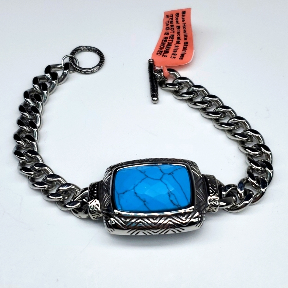 Blue Howlite Bracelet in Black Oxidized Stainless Steel NWT